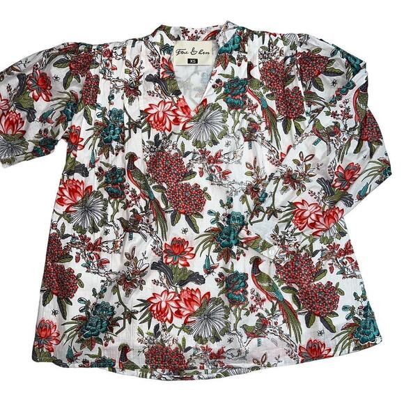Fox & Hen Birds and Botanicals Cotton Smocked Long Sleeved Blouse V-Neck Size XS - Picture 1 of 12